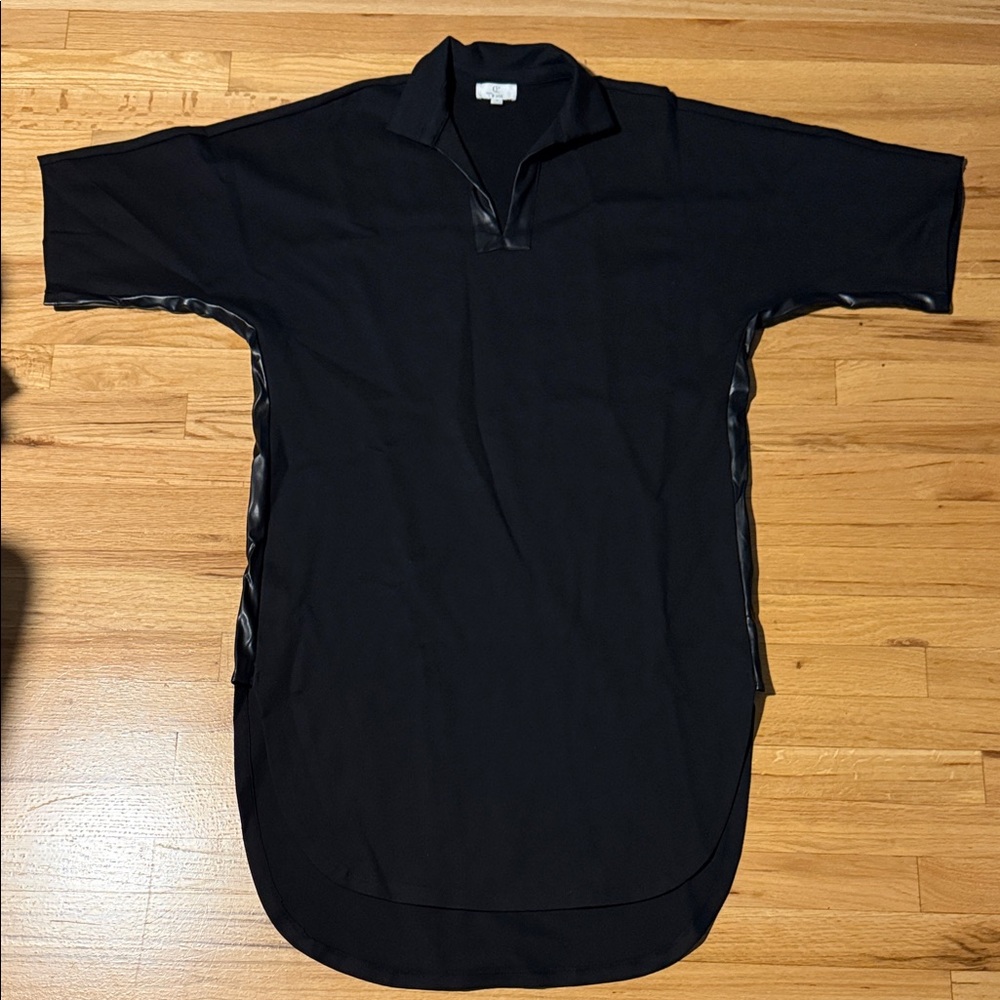 Women’s black dress with vegan leather accents
